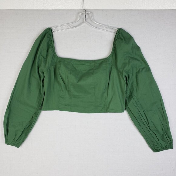 NWOT American Eagle AE Cropped Corset Balloon Sleeve Top Smocked Back Green sz L - Picture 5 of 15